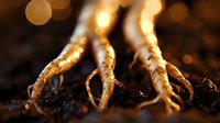 Glowing golden roots growing in dark soil with bokeh light effects in background, macro nature photography showing organic plant growth and natural patterns.