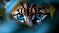 Close up view of bright blue eyes of striped cat peeking through green foliage leaves, dramatic macro photography with selective focus and blurred background.