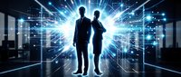 Business professionals silhouettes with digital technology burst and circuit patterns in modern office environment for corporate innovation concepts.