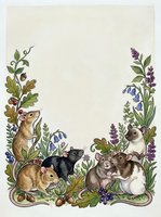Woodland animals frame with rabbits, mice and wildflowers on textured paper background for greeting cards, invitations and nature-themed designs.
