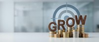 Golden coins stacked with wooden GROW letters and target symbol representing financial growth, investment success, and business development strategy.
