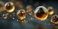 Golden transparent spheres floating with warm bokeh lights creating magical atmosphere for luxury design and festive decorations.