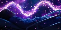 Magical mountain landscape at night with glowing purple bokeh lights forming wavy pattern across starry sky, creating ethereal atmosphere over silhouetted peaks.