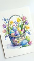 Watercolor Easter basket filled with colorful eggs, spring flowers including tulips and daffodils, traditional holiday celebration artwork.