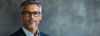 Confident mature Caucasian businessman with gray hair and glasses wearing navy suit against dark background, professional corporate portrait in panoramic format.