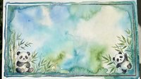 Watercolor panda bears with bamboo frame on soft blue green background, copy space for text, greeting card or nursery art.