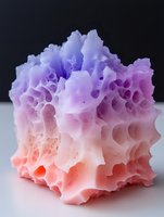 Macro shot of colorful foam cube with gradient texture from coral pink to purple, featuring intricate honeycomb-like holes and organic patterns on dark background.