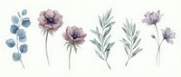 Watercolor botanical elements with purple flowers and blue eucalyptus leaves on white background. Floral clipart for wedding invitations and crafts.