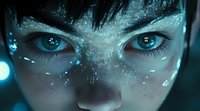 Intense close-up of glowing blue eyes with digital particles and frost effects across face creating mysterious futuristic atmosphere against dark background.