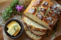 Fresh baked crusty bread loaf sliced on parchment paper with butter, thyme sprigs and pink wildflowers on wooden surface, rustic food photography.
