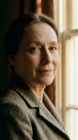 Mature Caucasian woman in gray sweater looking thoughtfully out window with warm natural lighting creating peaceful indoor portrait for lifestyle content.