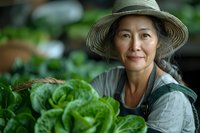 Senior woman farmer in straw hat tending fresh green lettuce plants in organic garden. Portrait of mature female agricultural worker harvesting vegetables outdoors.