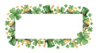 St. Patrick's Day frame with green shamrocks, leprechaun hats and gold coins on white background. Festive Irish holiday border for greeting cards and designs.
