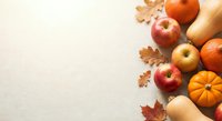 Autumn harvest composition with pumpkins, apples and oak leaves on neutral background. Seasonal fall arrangement for thanksgiving and holiday decorating.