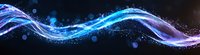 Glowing neon blue and purple wave with light particles and bokeh effects flowing on black background, abstract dynamic motion design element.