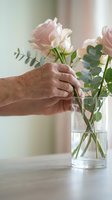 Elderly woman's hands arranging fresh pink roses in glass vase on table. Senior care, flower arrangement, home decoration, gentle lifestyle moments.