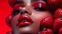 Sensual woman with glossy red lips surrounded by fresh strawberries on vibrant red background for beauty and food advertising campaigns.