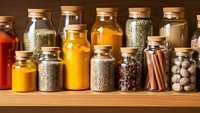 Collection of spices and seasonings in glass jars with cork lids arranged on wooden shelf for cooking and culinary preparation in kitchen pantry.