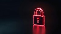 Glowing red neon padlock on dark background symbolizing digital security, data protection, and cybersecurity concepts for business technology.