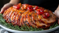 Glazed ham with roasted cherry tomatoes and fresh rosemary garnish on white plate, featuring caramelized surface and grill marks. Holiday dinner centerpiece.