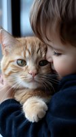 Young child in navy sweater cuddling with ginger cat with green eyes. Close-up tender moment showing bond between kid and pet, soft natural lighting.