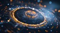 Futuristic circular technology interface with glowing orange and blue lights, digital data streams and bokeh effects creating dynamic motion visualization.