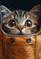 Curious cat with big bright eyes peeking out from leather bag, close-up portrait showing adorable expression and whiskers against dark background.