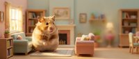 Giant hamster sitting at laptop in cozy home office with furniture, bookshelves, and warm lighting. Suitable for children's content, educational materials, and whimsical illustrations.