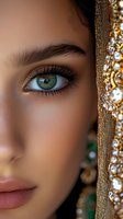 Close-up portrait highlighting striking green eye with long eyelashes and defined brow, framed by ornate golden jewelry with crystals, creating mysterious allure.