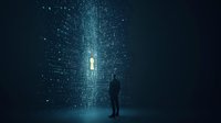 Silhouette of person observing glowing digital matrix with human figure emerging from data stream against dark background, representing artificial intelligence and digital transformation.