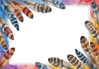 Colorful feathers frame isolated white space, ready for text overlay, greeting cards, invitations, posters, and social media designs.