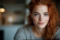 Young woman with red hair and freckles wearing gray sweater, looking at camera with confident expression in modern interior setting, suitable for lifestyle and portrait projects.