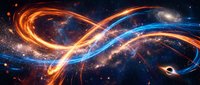 Abstract cosmic energy waves flowing through deep space with glowing orange and blue light trails creating infinity symbol against starfield background.