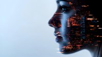 Female profile silhouette with glowing orange digital pattern overlay effect creating futuristic double exposure for technology and artificial intelligence concepts.