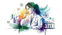 Female scientist in lab coat conducting research with colorful watercolor splash effect and scientific equipment for educational materials.