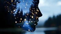 Female profile silhouette against evening forest landscape with magical glowing particles and bokeh lights creating dreamy double exposure effect for spiritual concepts.