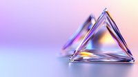 Transparent crystal triangular prism reflecting rainbow colors on gradient purple and pink background, modern minimalist composition with light refraction effects.