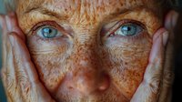 Close up portrait of mature Caucasian woman with intense blue eyes and natural freckles holding face in hands, showing aging skin texture and natural beauty.
