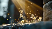 Delicate white flowers caught in magical golden sunbeams with bokeh light effects and stone elements create dreamy nature macro photography composition.