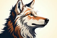 Artistic wolf head portrait in side view featuring detailed fur texture in orange, white and navy blue colors on light background, stylized illustration.