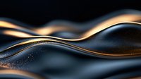 Smooth flowing waves in dark metallic texture with golden light highlights creating abstract luxury background pattern with dramatic shadows and curves.