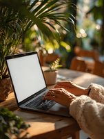Cozy remote work setup with laptop on wooden table surrounded by lush green plants, creating peaceful home office atmosphere.