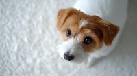 Adorable brown and white Jack Russell terrier puppy with expressive eyes looking up at camera against white textured background, creating soft dreamy mood.