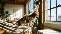 Young tabby cat relaxing in hammock by sunny window with potted plants and urban cityscape view, domestic pet lifestyle scene.