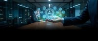 Digital network connection emerging from businessman's hand in modern server room environment, representing cloud computing, data security, and technology infrastructure solutions.