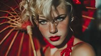 Portrait of young blonde Caucasian woman with freckles and red lipstick holding traditional red paper umbrella with dramatic lighting and shadows.