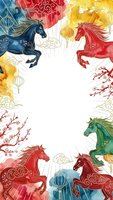Watercolor horses frame with lanterns and cherry blossoms in Asian style, white center space for text or design elements ready for greeting cards.