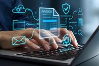 Digital invoice automation concept with businessman hands typing on laptop surrounded by glowing financial technology icons and connectivity symbols.