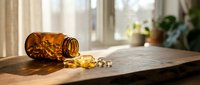 Amber glass bottle with yellow capsules spilled on wooden table in bright kitchen interior with natural sunlight and plants in background.