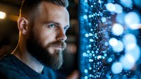 Bearded Caucasian man in dark clothing gazes thoughtfully at glowing blue bokeh lights creating atmospheric mood for technology and innovation concepts.